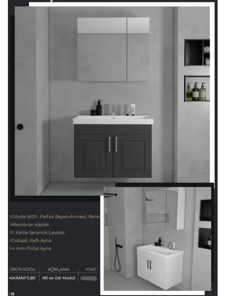 80cm Antrasit Membran Kapaklı Banyo Dolabı