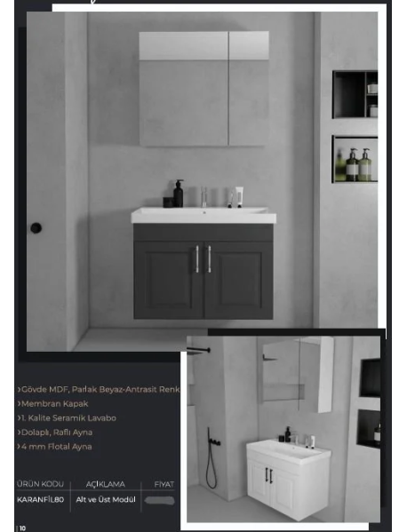 65cm Antrasit Membran Kapaklı Banyo Dolabı